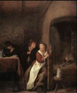 A Peasant Couple Seated Before A Fire Burning In A Hearth   Observed By A Seated Man Smoking A Pipe