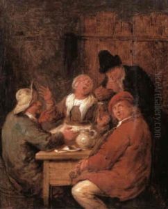 An Interior With Four Figures Seated Around A Table         Drinking And Smoking And Accompanying A Violinst by Jan Miense Molenaer