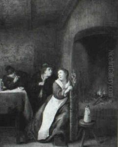 An Amourous Couple Before A Table And An Old Man Smoking A Pipe By A Hearth by Jan Miense Molenaer