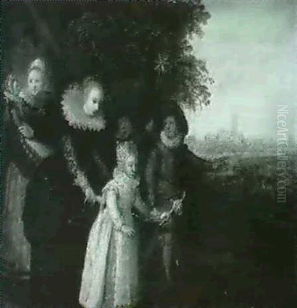 A Lady With Her Children Accompanied By A Nurse In A Landscape - view 1