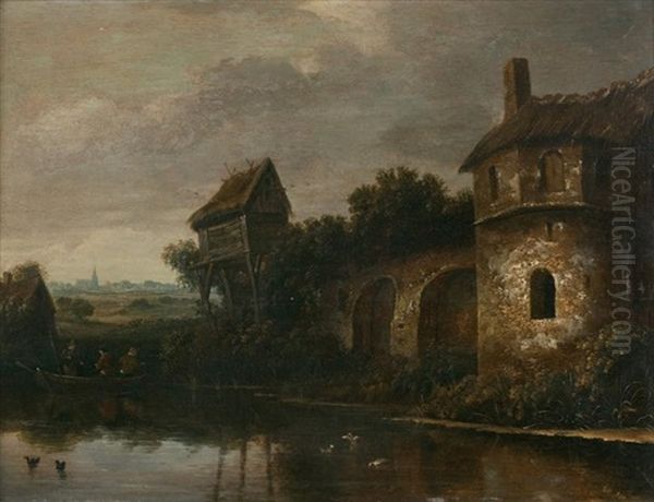 Bord De Riviere Au Pigeonnier Et Pecheurs En Barque - view 1