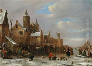 A Merry Company On A Frozen River by Nicolaes Molenaer