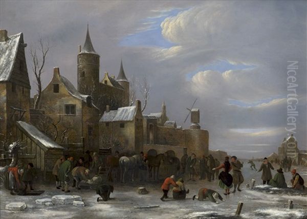 Frohliche Gesellschaft Auf Einem Zugefrorenen Fluss Vor Einer Stadt - view 1