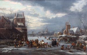 A Winter Landscape With Numerous Villagers On A Frozen Lake by Nicolaes Molenaer