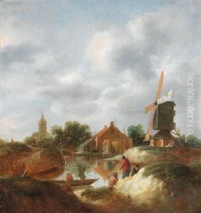 A Riverside Village With A Windmill by Nicolaes Molenaer
