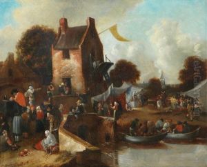 A Riverside Village With Figures At A Market by Nicolaes Molenaer