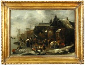 River Scene With Skaters On A Frozen River by Nicolaes Molenaer