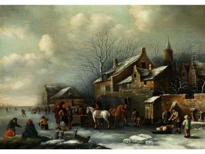 Winterlandschaft Mit Figuren Und Pferden by Nicolaes Molenaer