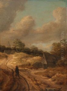 Gewitterlandschaft Mit Kleinem Weg Und Figurenstaffage - Im Hintergrund Ein Dorf
