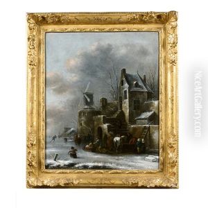 Paysage De Village Anime De Patineurs Et Luges