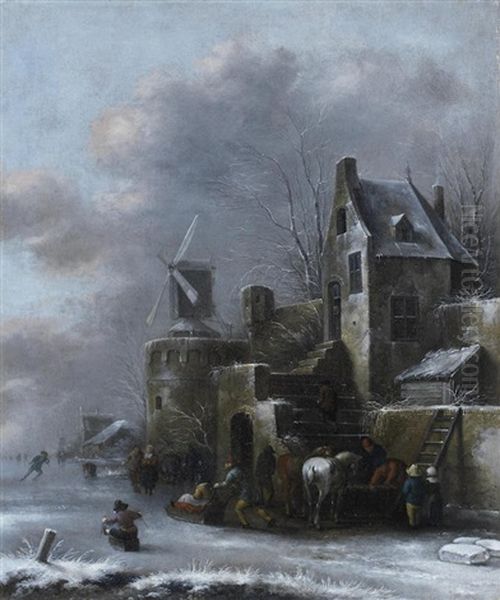 A Winter Landscape With Figures Sledding - view 1
