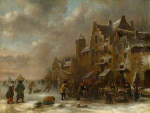 A Winter Scene With Figures Before A Town