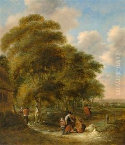 The Edge Of A Forest With Travellers And A City Beyond