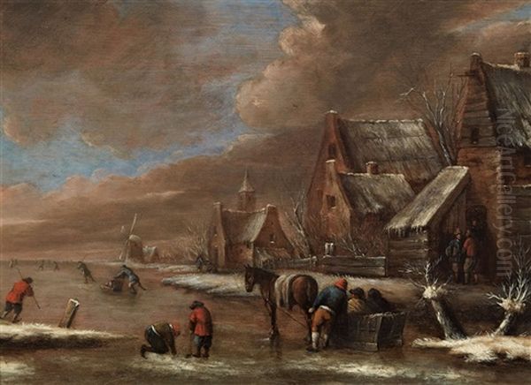 Dorfliche Winterlandschaft Mit Eislaufern - view 1