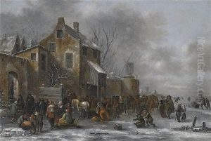Winterlandschaft Mit Bauern, Spaziergangern Und Eislaufern Vor Der Stadt by Nicolaes Molenaer