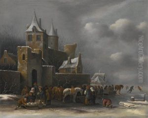 A Winter Landscape With Figures Gathered On A Frozen Waterway Outside A Barn
