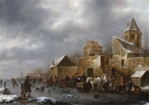 A Winter Landscape With Figures Enjoying Winter Around The Walls Of A Town, And Figures On The Ice In The Foreground by Nicolaes Molenaer