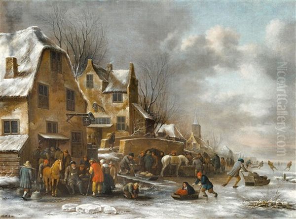Winter Landscape With Peasants And Ice Skaters By A Tavern - view 1