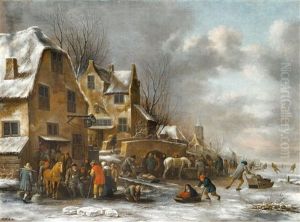 Winter Landscape With Peasants And Ice Skaters By A Tavern by Nicolaes Molenaer