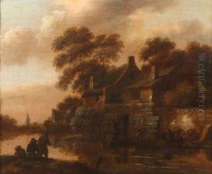 Village Au Bord De La Riviere Avec Des Personnages En Barque by Nicolaes Molenaer