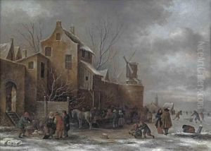 A Winter Landscape With Figures On A Frozen Waterway By A Fortified Town