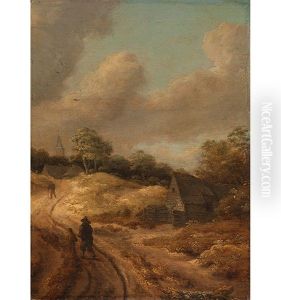Gewitterlandschaft Mit Kleinem Weg Und Figurenstaffage - Im Hintergrund Ein Dorf