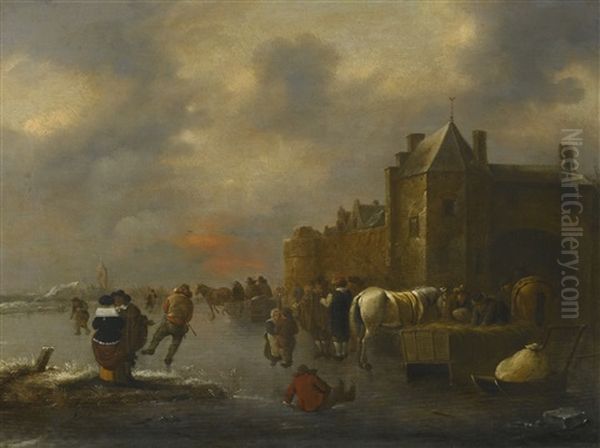 Winter Landscape With Skaters On A River Near A Walled Town - view 1
