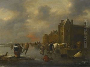 Winter Landscape With Skaters On A River Near A Walled Town by Nicolaes Molenaer
