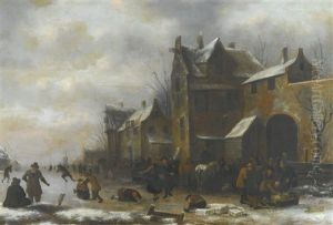 Winter Landscape With Skaters, Travellers And Their Horses Outside A Village, Figures Packing Bundles Onto A Sledge By An Archway On The Left by Nicolaes Molenaer