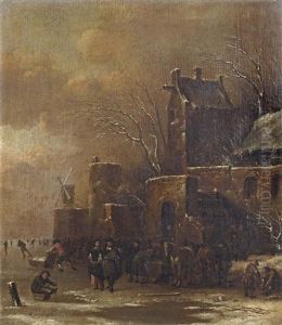 A Winter Landscape With A Fortified Town And Figures On A Frozen Waterway