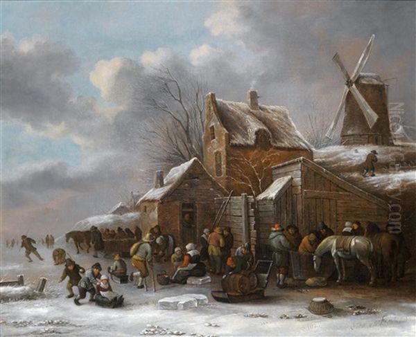 Eine Winterlandschaft Mit Dorfbewohnern Vor Einem Wirtshaus - view 1