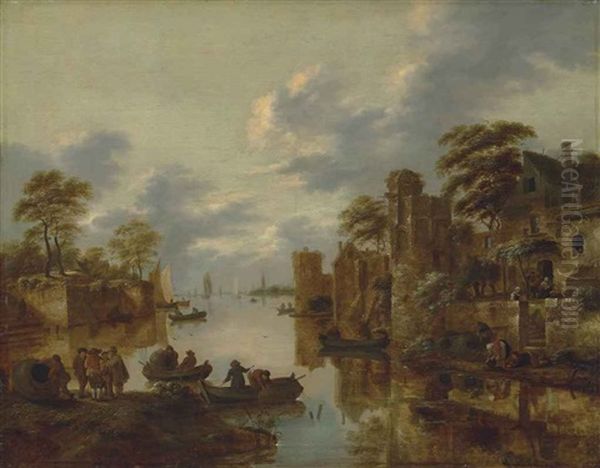 A River Landscape With Fishermen On The Left Bank And Rowing Boats And Other Figures Near A Walled Town By The Canal - view 1