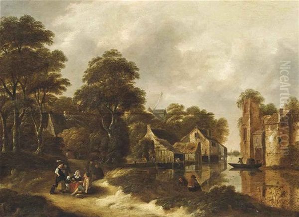 A Wooded River Landscape With Travellers Resting On A Track And Anglers On The Bank, A Village Beyond - view 1
