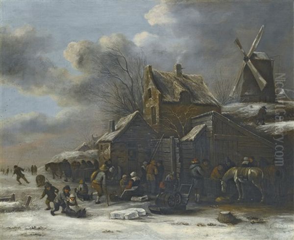 A Winter Landscape With A Frozen River With Skaters And A Horse Before An Inn And A Windmill On A Small Hill To The Right - view 1