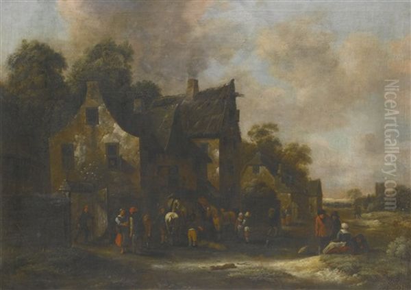 Mounted Travellers And Other Figures Gathered Outside An Inn - view 1