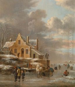 Winterlandschaft Mit Pferdekarren Und Eislaufern