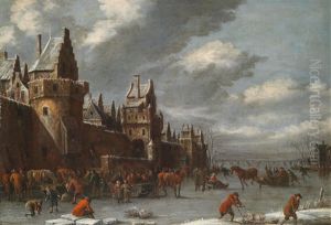 Eine Winterlandschaft Mit Schlittschuhlaufern Eine Winterlandschaft Mit Schlittschuhlaufern