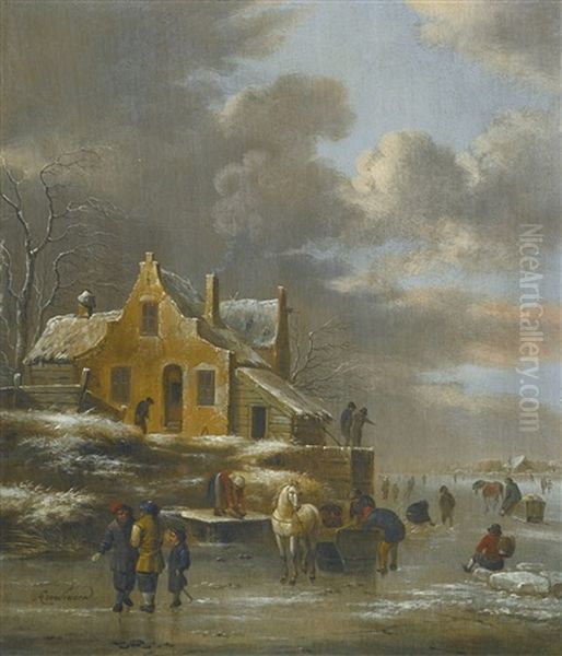 Winter Landscape With A Horse-drawn Sled And Many Figures Skating On The Frozen Riverband, A Farmhouse On A Small Hill To The Left - view 1