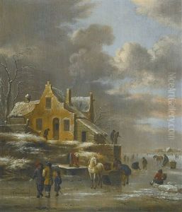 Winter Landscape With A Horse-drawn Sled And Many Figures Skating On The Frozen Riverband, A Farmhouse On A Small Hill To The Left by Nicolaes Molenaer