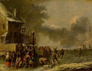 Winterlandschaft Mit Zugefrorenem Flusslauf Und Lebhaftem Treiben Vor Einem Gasthaus