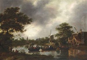A River Landscape With Figures On Ferryboats, Leaving A Carnival