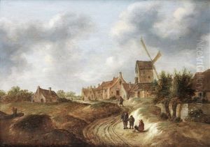 A Dune Landscape With Figures Resting On A Country Path, Before A Village
