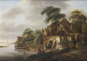 Barges Approaching A Village In An Open River Landscape by Nicolaes Molenaer