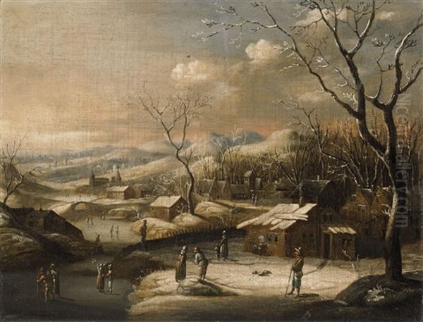 Winter Landscape With A Village And Figures - view 1