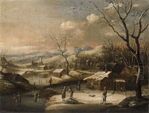 Winter Landscape With A Village And Figures by Nicolaes Molenaer