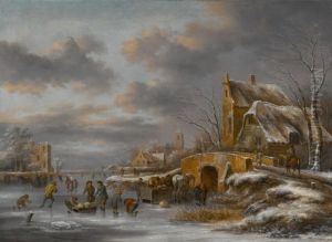 A Winter Landscape With Figures Skating On A Frozen River