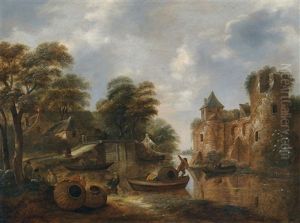 Flusslandschaft Mit Fischern Vor Einer Burgruine Flusslandschaft Mit Fischern Vor Einer Burgruine