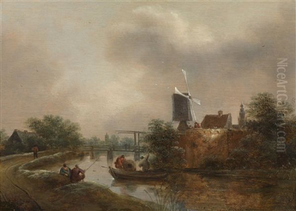 Flusslandschaft Mit Einer Windmuhle Und Einem Fischerboot - view 1
