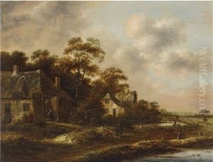 Dutch Landscape With Farmstead And Peasants by Nicolaes Molenaer