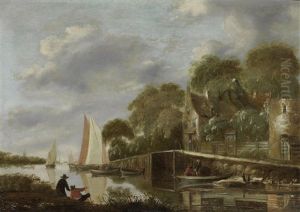 Fishermen On A Shore Before A River Landscape, With A Village In The Distance Fishermen On A Shore Before A River Landscape, With A Village In The Distance